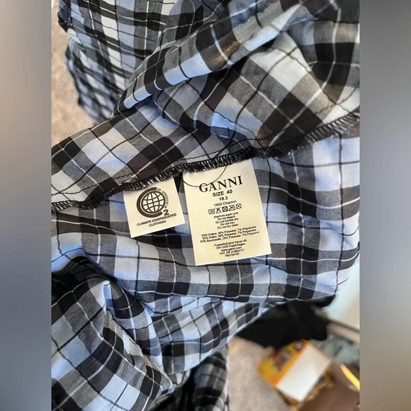 Ganni Seersucker Checkered Maxi Dress Blue/White Size 10 - Picture 5 of 6